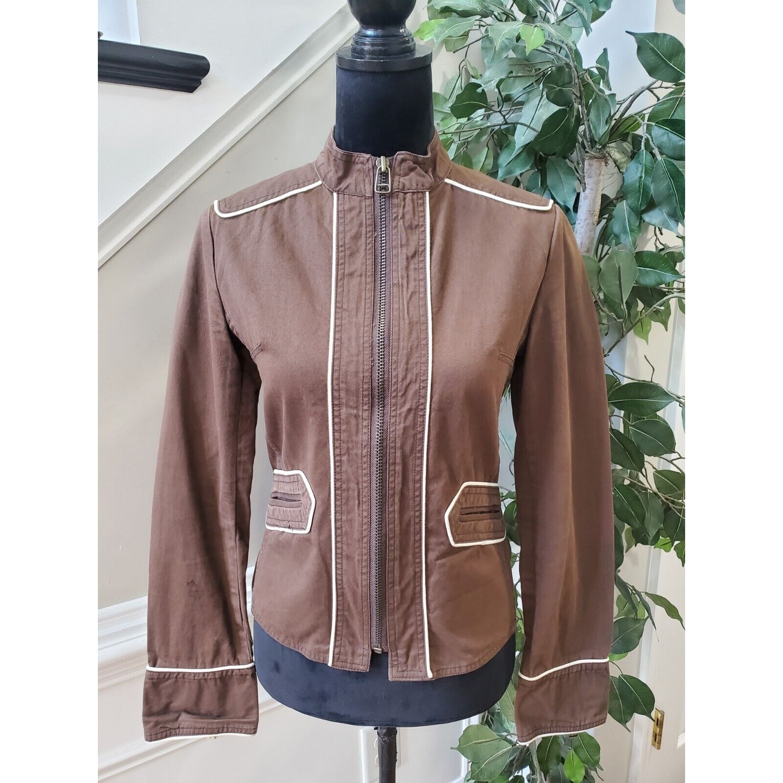 Women's Brown Canvas 100% Cotton White Edging Trims Full Zip Jacket Size Medium